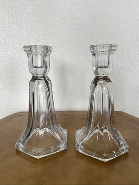 Set of 2 Vintage Heisey Glass Clear 7.5” Skirted Panel Candle Holders